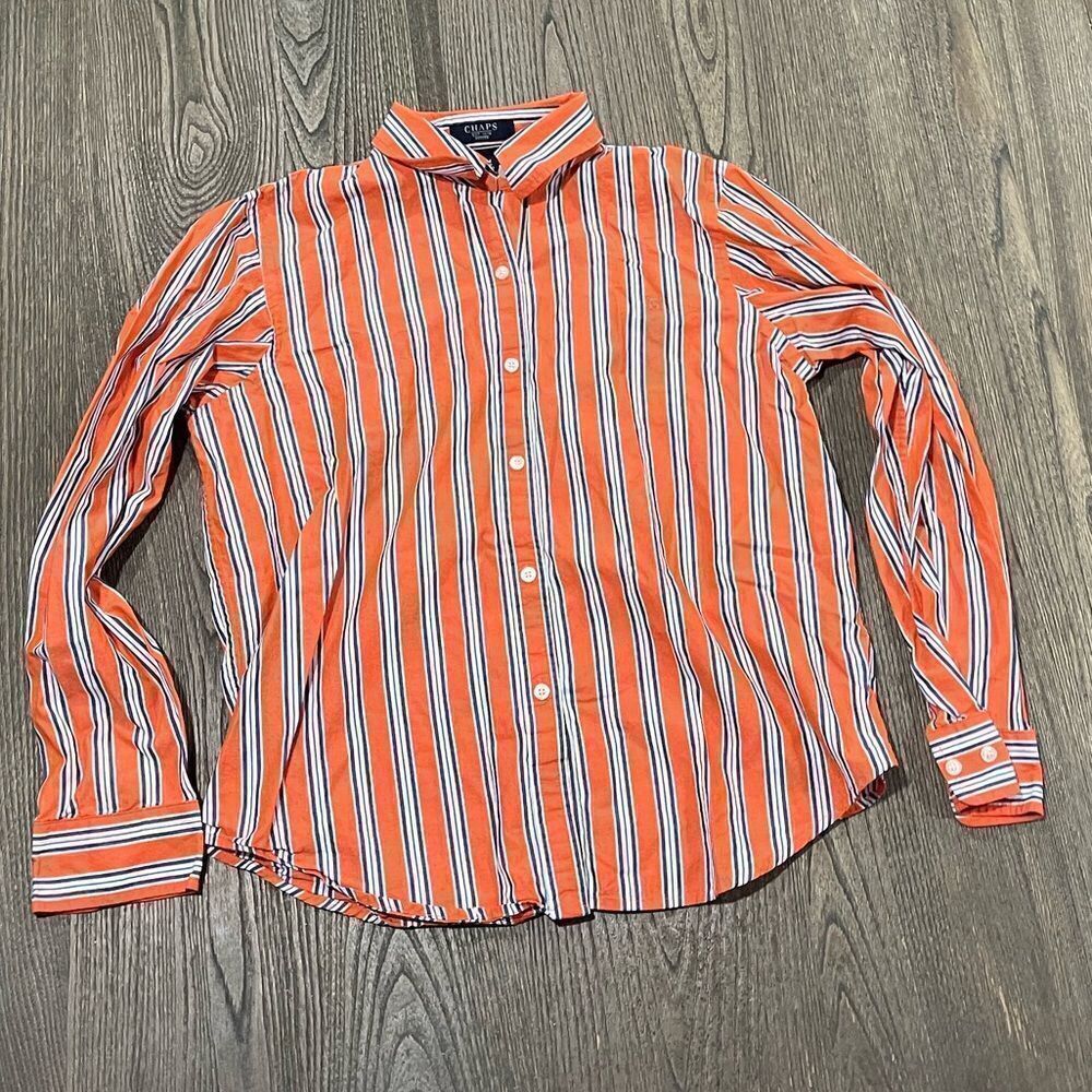 Chaps Womens Orange Striped Collared Button Front Dress Shirt Size Petite M